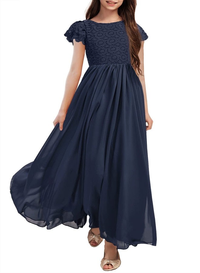 HOSIKA Girls Vintage Floral Lace Flutter Sleeve A-Line Swing Easter Birthday Party Dance Prom Dress for 12-13 Years Navy Blue - Image 1